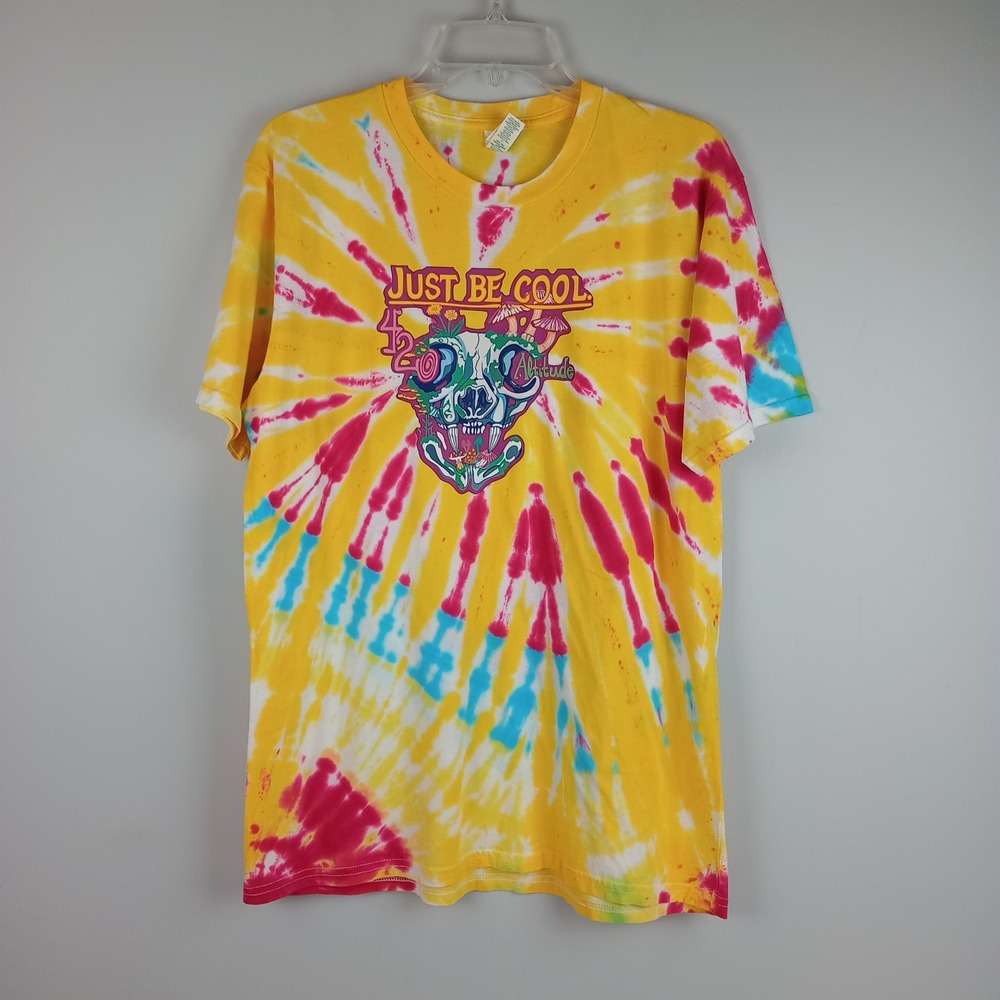 Royal Apparel Mens L Yellow Tie Dye Graphic 420 Psychedelic Just Be Cool T-Shirt